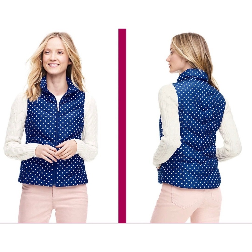 LANDS END 600 DOWN Women Navy Polka Dot Hyperdry Allied Zip Puffer‎ Vest Sz M